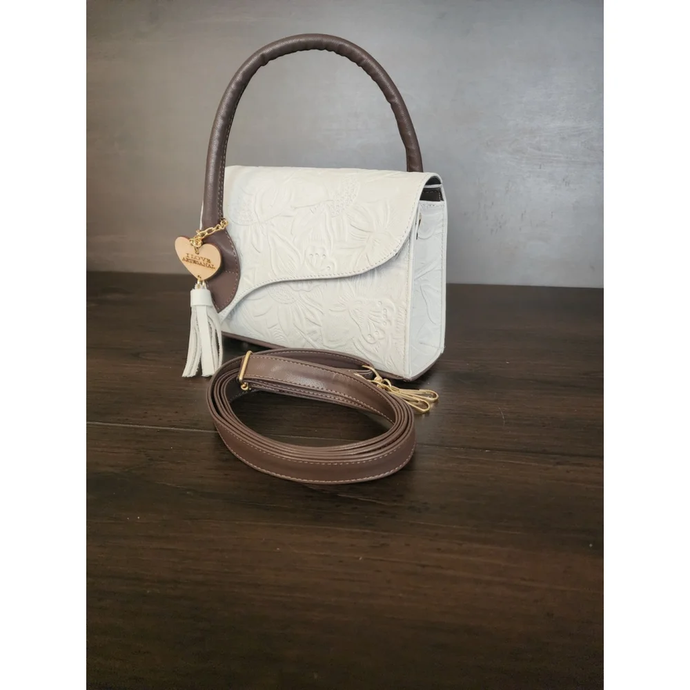 Off White Dark Brown Sunflower Embossed Tooled Artisan LEATHER Crossbody Purse